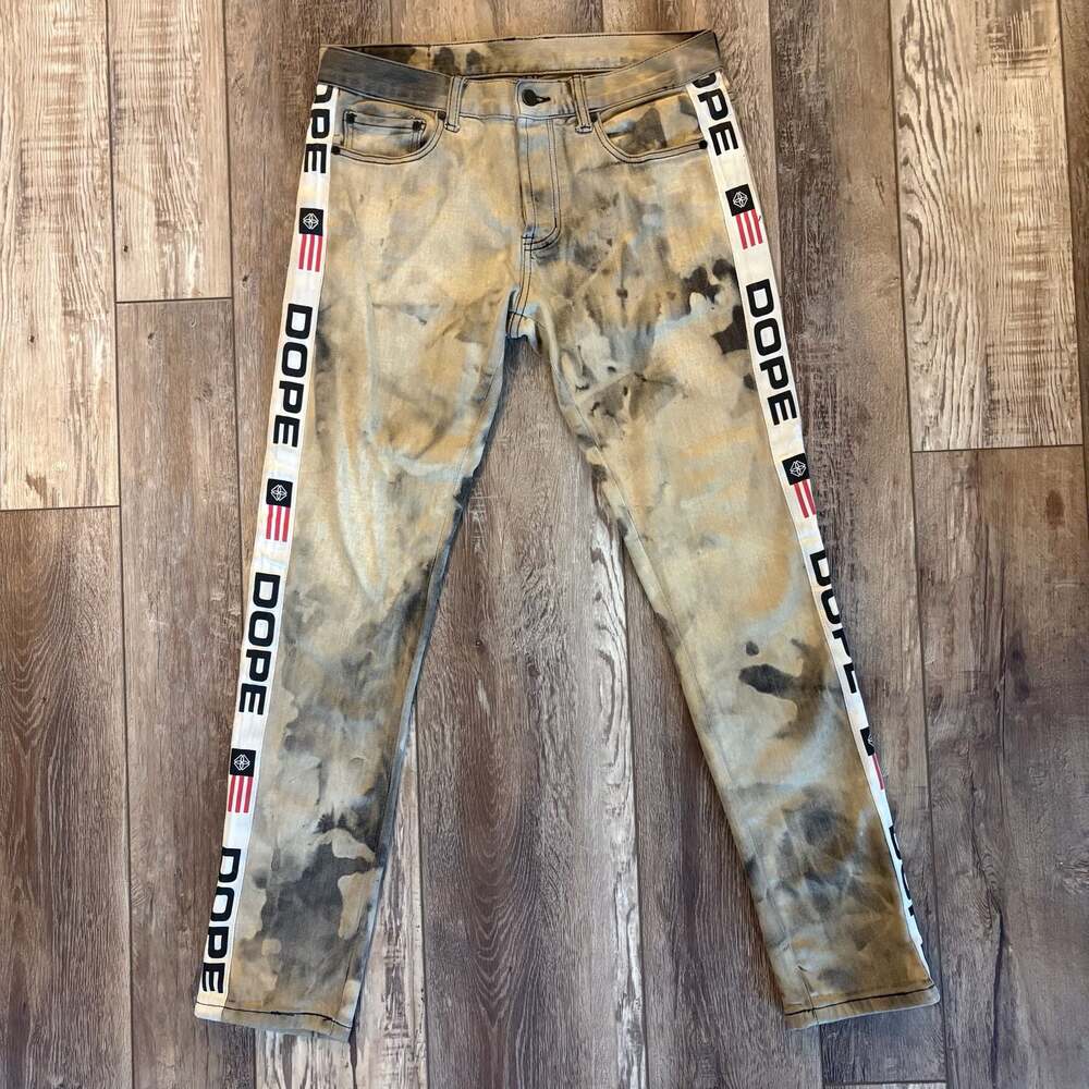 DOPE Men’s Tapered Jeans Size 32 Bleach Wash Logo Side Stripe